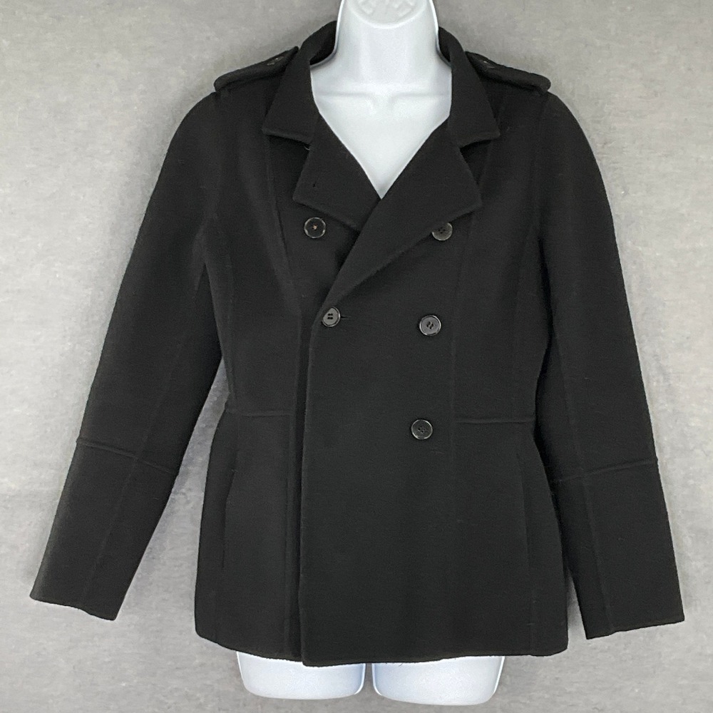 Talbots Black Double‎ Breasted Petite Wool Blend Peacoat Jacket Size 10